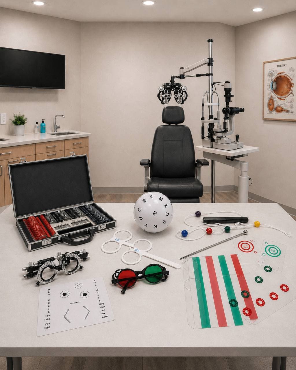 Clinical testing room with optometry equipment